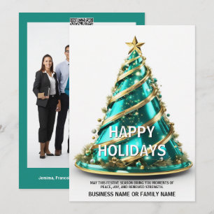 Ovarian cancer teal Christmas tree modern elegant Holiday Card