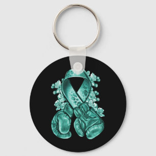 Ovarian Cancer Teal Ribbon With Boxing Gloves Awar Keychain