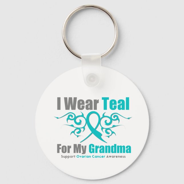 Ovarian Cancer Teal Tribal Ribbon Grandma Keychain (Front)