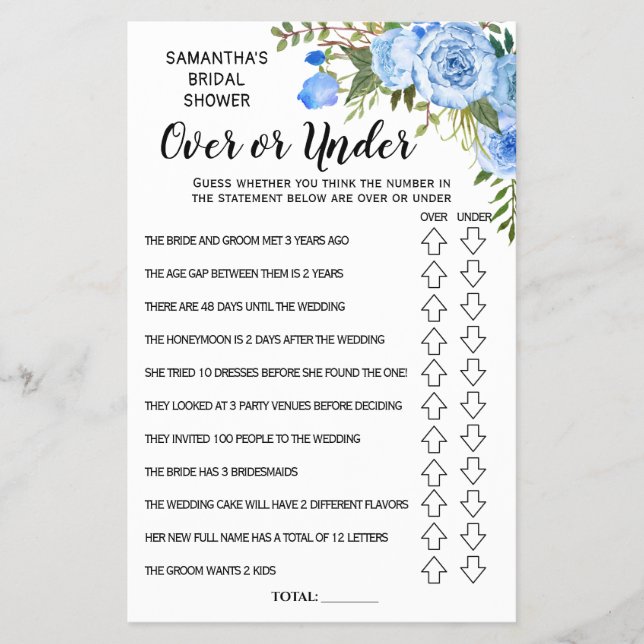 Ove or Under Bridal Shower Bilingual Game Card (Front)