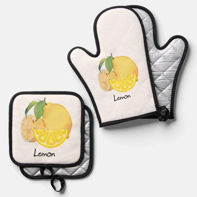 Oven mitt and pot holder set in a refreshing lemon (Front/Back)