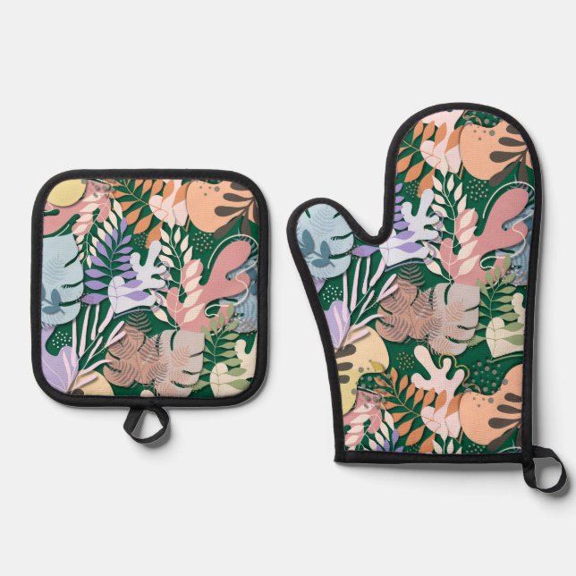 Oven Mitt and Pot Holder Set : Organic Leaves (Front)