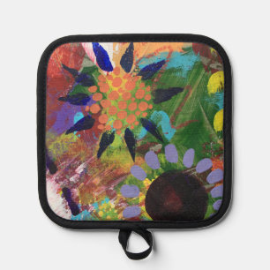 Oven Mitt and Pot Holders in Abstract Flowers 
