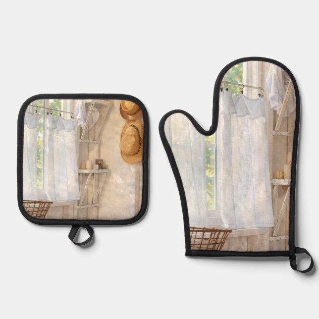 Oven Mitt & Pot Holder Set Curtain in the Wind (Front)