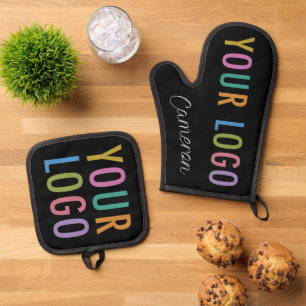 Oven Mitt Pot Holder Set Custom Printed Logo Black