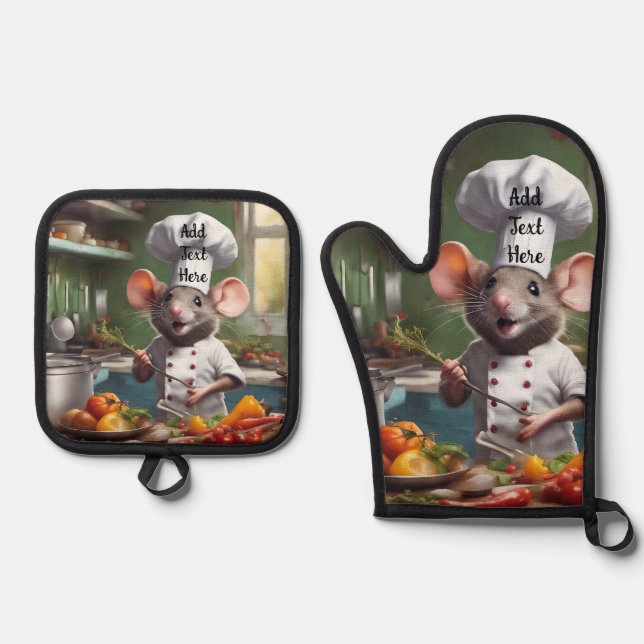 Oven Mitt Pot Holder Set Personalize Chef Mouse (Front)