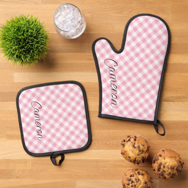 Oven Mitt Pot Holder Set Pink Gingham Personalized (Top Down)