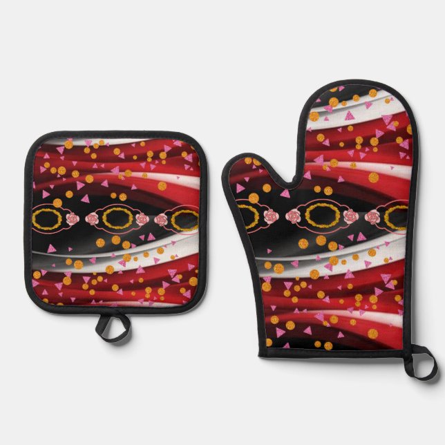 Oven Mitt & Pot Holders Abstract Colours Red Gold Oven Mitt & Pot Holder Set (Front)