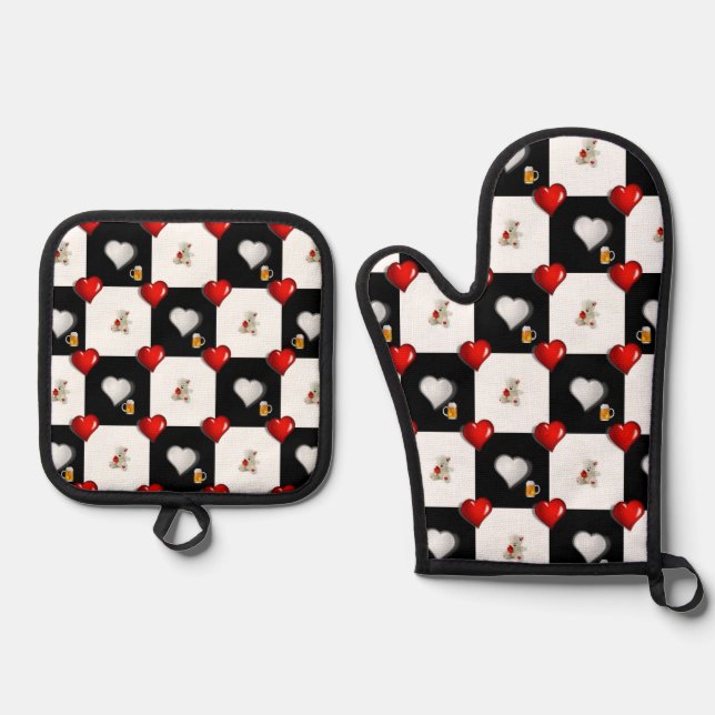 Oven Mitt & Pot Holders Beer Teddy Bear Hearts Holder Set (Front)