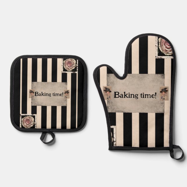 Oven Mitt & Pot Holders Black Baking Time Holder Set (Front)