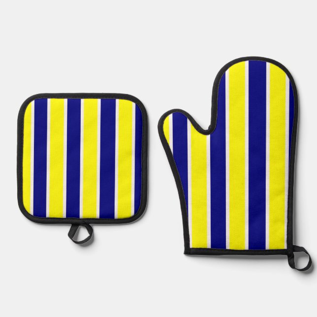 Oven Mitt & Pot Holders Blue, Yellow& White Stripe Holder Set (Front)