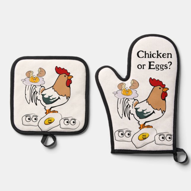Oven Mitt & Pot Holders Chicken or Eggs Oven Mitt & Pot Holder Set (Front)