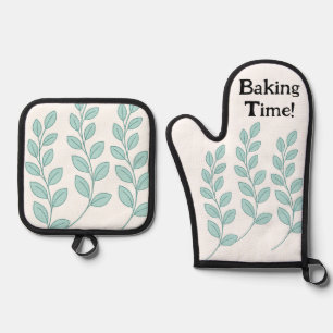 Oven Mitt & Pot Holders Green Leaves Baking Time Holder Set