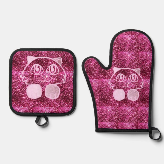 Oven Mitt & Pot Holders Pink Glitter Cat  Holder Set (Front)