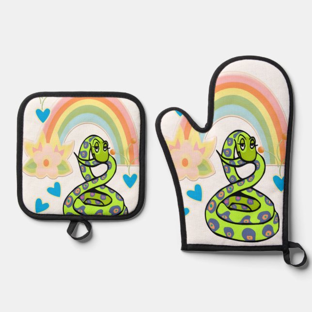 Oven Mitt & Pot Holders Rainbow Snake  Holder Set (Front)