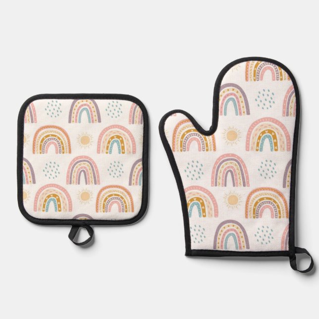 Oven Mitt & Pot Holders Rainbow Watercolor Holder Set (Front)