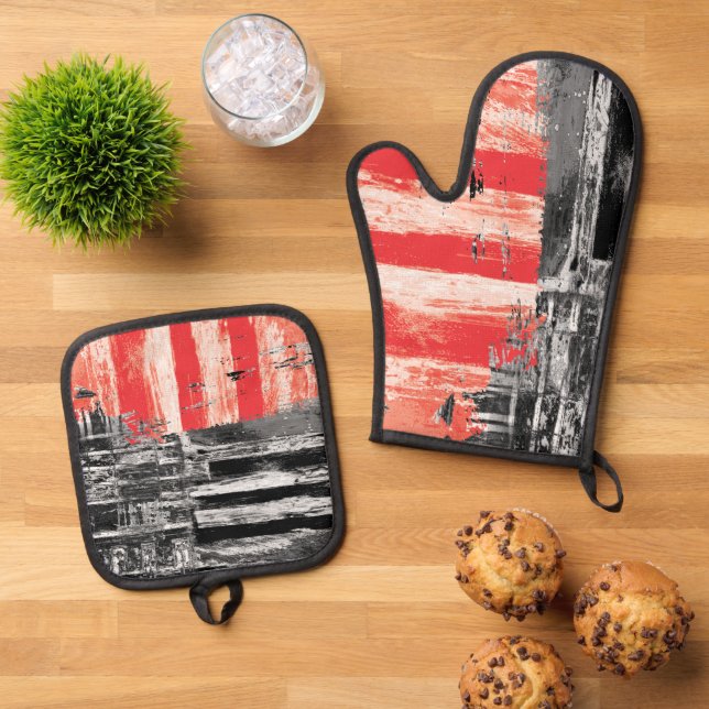 Oven Mitt & Pot Holders Red Pulse Abstract Design Holder Set (Top Down)