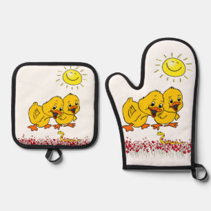 Oven Mitt & Pot Holders Yellow Chicks Sun Floral Holder Set