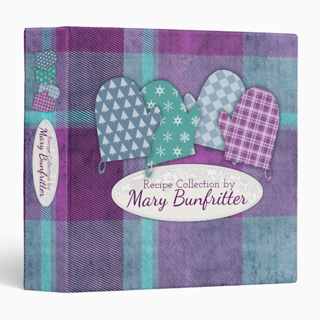 Oven mitts purple plaid Christmas recipe cookbook Binder (Front/Spine)