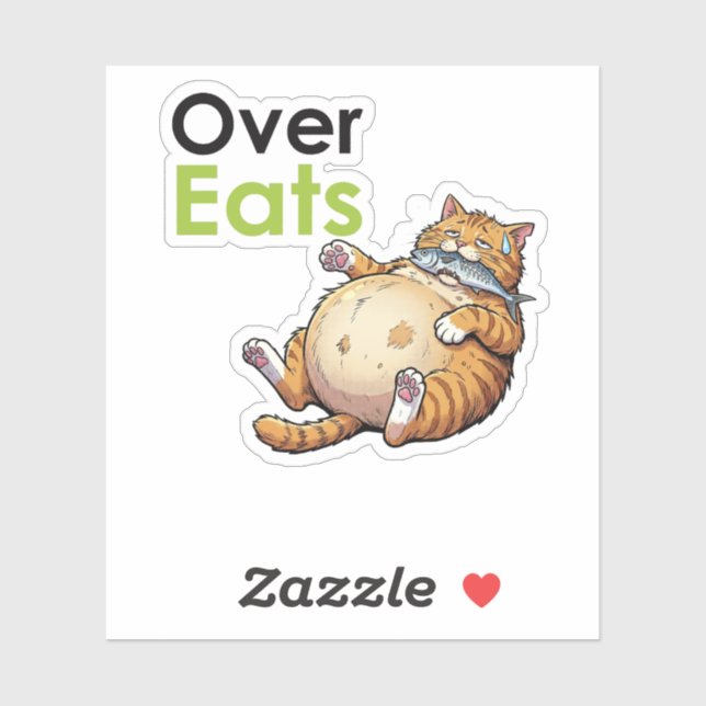 Over Eats - Funny Fat Cat Eating Fish Cartoon (Sheet)