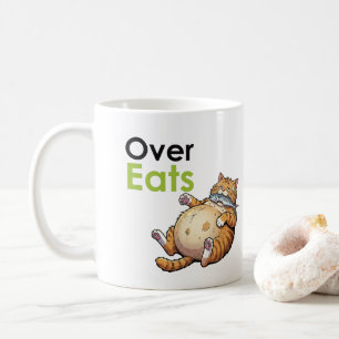 Over Eats - Funny Fat Cat Eating Fish Cartoon Coffee Mug