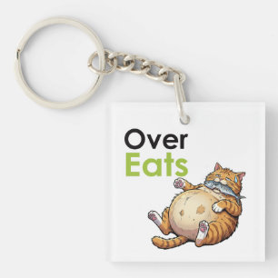Over Eats - Funny Fat Cat Eating Fish Cartoon Keychain