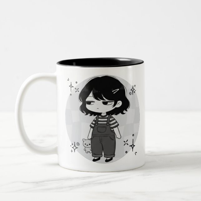 Over It Round Aesthetic Chibi Girl Illustration Two-Tone Coffee Mug (Left)