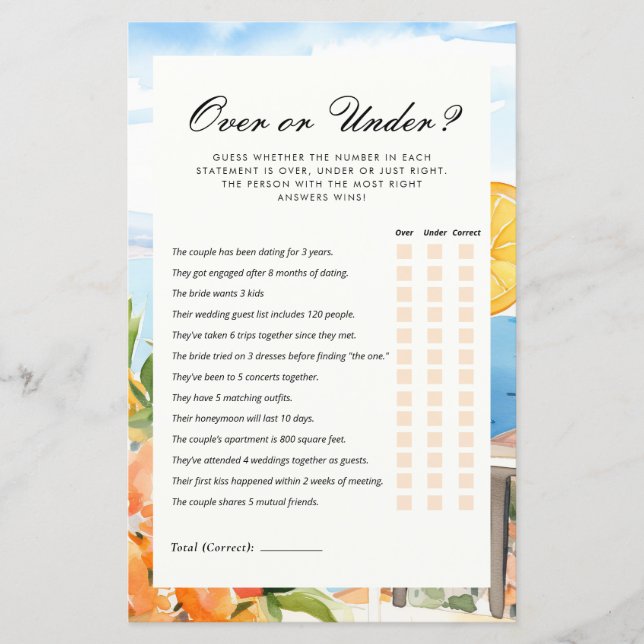 Over or Under Aperol Spritz Bridal Shower Game (Front)