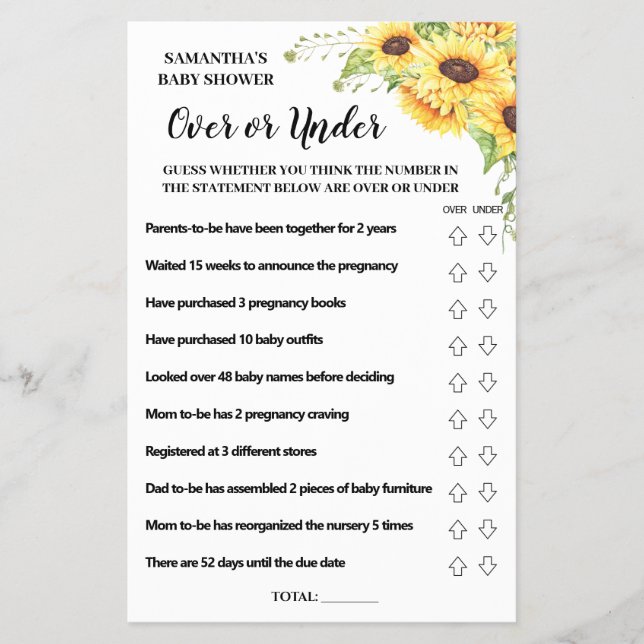 Over or under baby shower bilingual game card (Front)