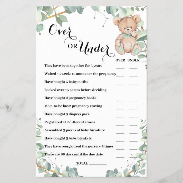 Over or Under Bear Greenery Baby Shower Game Card (Front)