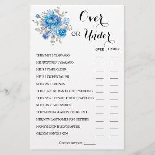 Over or Under Blue Flower Couples Shower Game Card