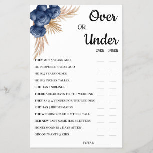 Over or Under Blue Flowers Bridal Shower Game Card