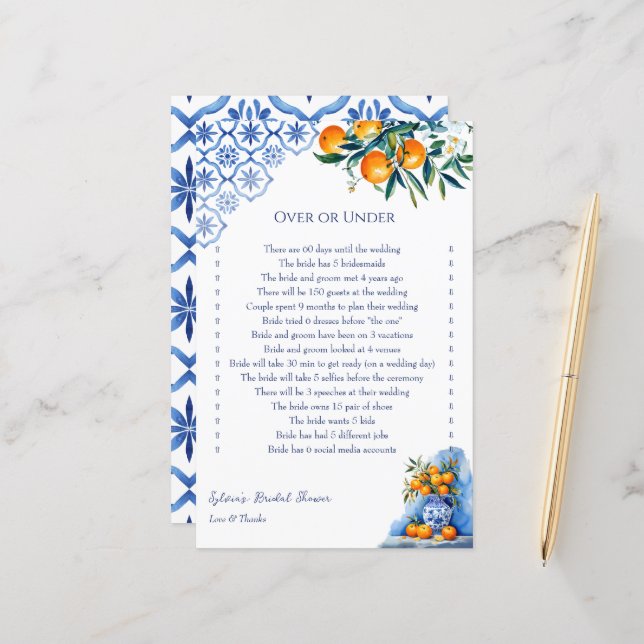 Over or Under blue talavera bridal shower games (Front/Back In Situ)