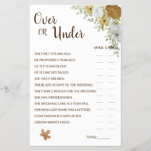 Over or Under Boho Autumn Bridal Shower Game Card 