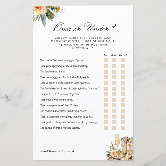 Over or Under Boots and Bubbly Bridal Shower Game (Front)