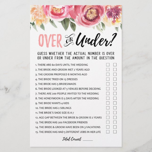 Over or Under Bridal Shower or Hen Party game (Front)