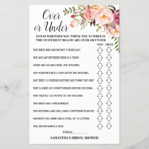 Over or Under Bridal Shower Pink Flowers Game Card