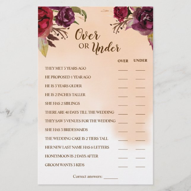 Over or Under Burgundy Couples Shower Game Card (Front)