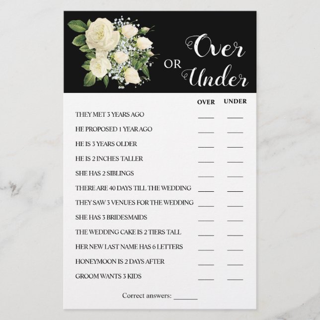 Over or Under Couples Shower Game Card (Front)