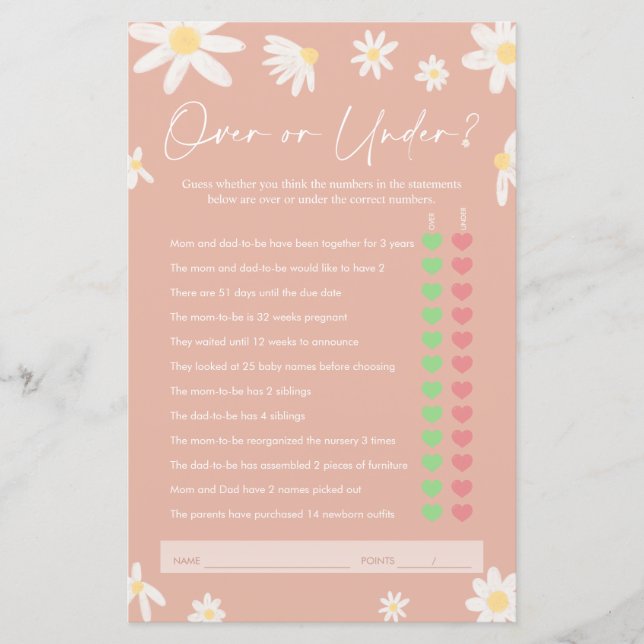 Over or Under Game, Pink Daisy Baby Shower Game (Front)