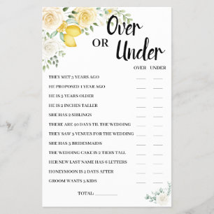 Over or Under Lemons&Roses Bridal Shower Game Card