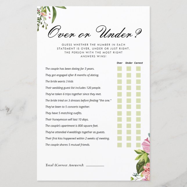 Over or Under Mexican Fiesta Bridal Shower Game (Front)