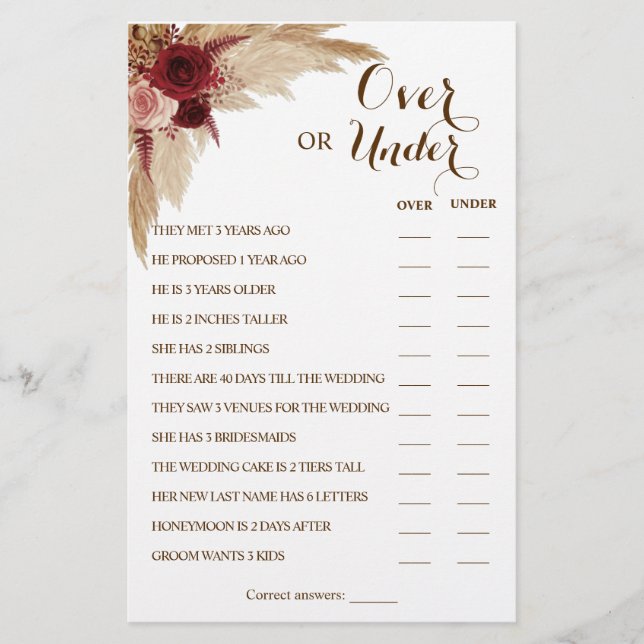 Over or Under Pampas Couples Shower Game Card (Front)