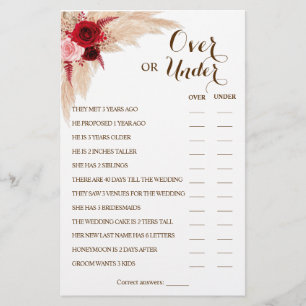 Over or Under Pampas Couples Shower Game Card
