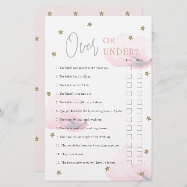 Over or Under Pink Clouds Bridal Shower Game (Front/Back)