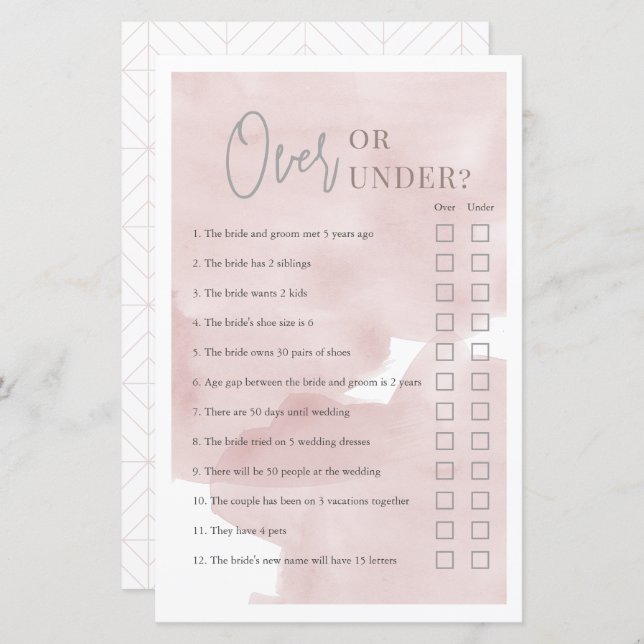 Over or Under Pink Sky Bridal Shower Game (Front/Back)