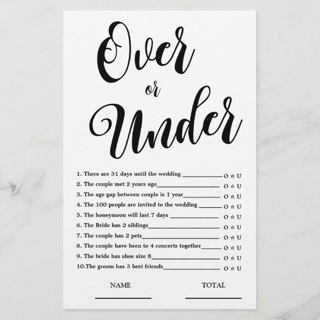 Over or Under Simple Bridal Shower Game (Front)
