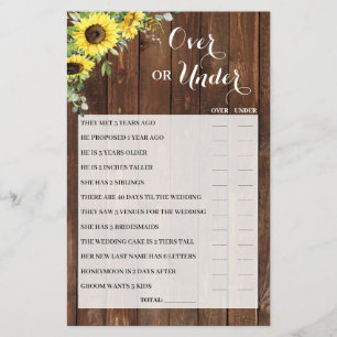 Over or Under Sunflowers Bridal Shower Game Card