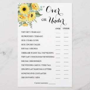 Over or Under Sunflowers Couples Shower Game Card