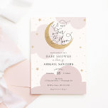 Over the Gold Moon Pink Baby Shower Invitation<br><div class="desc">Baby Shower invitation featuring watercolor pink clouds and gold stars with glittery moon and fun script "We are over the moon!"  Personalize with your information or click "click to customize further" to adjust font type,  size,  colour.</div>